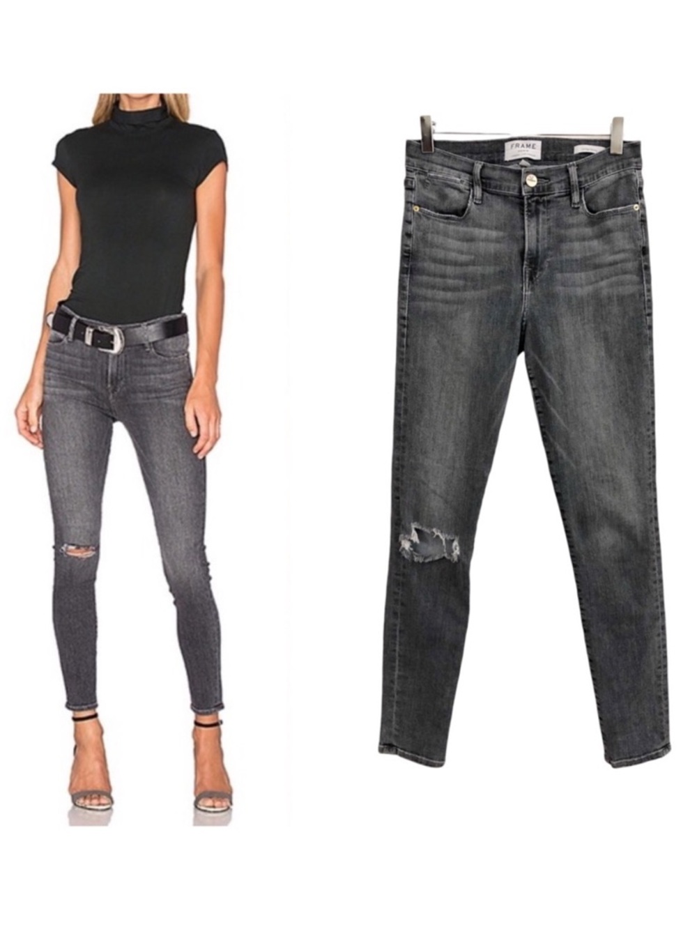 Frame | Gray Busted Knee Distressed Ankle Length Le High Skinny Jeans
